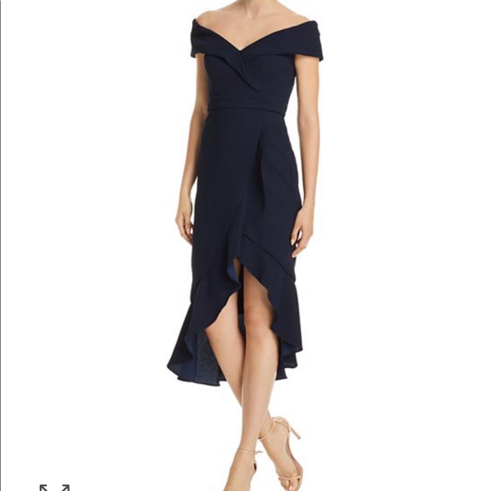 Avery G off the shoulder ruffle front dress